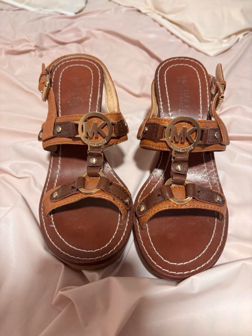 Frye Brown Leather T-Strap Sandals with Gold Logo Accent